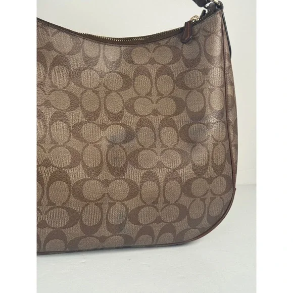 Coach Signature Khaki Canvas Tan Leather Shoulder Zip Hobo Monogram Purse F29209 - Picture 3 of 8